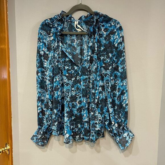 Anthropologie Sheer Printed peasant blue blouse size L - Picture 1 of 12